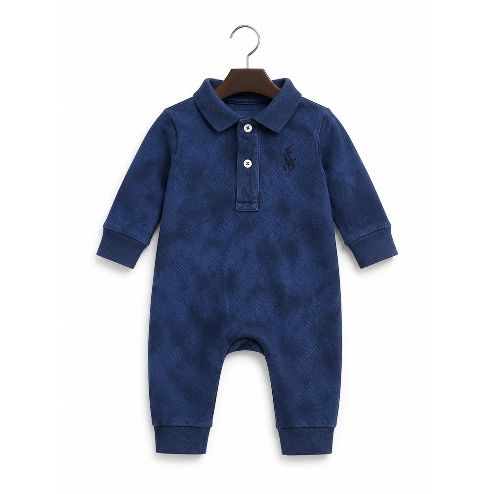 Ralph Lauren Boys‎ Romper Size 6 Months Tie Dye Look Blue Pique Polo Long Sleeve